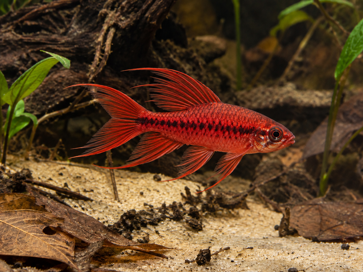KI-generierte Illustration: Bitterlingsbarbe Super Red Longfin – kein echtes Tierfoto