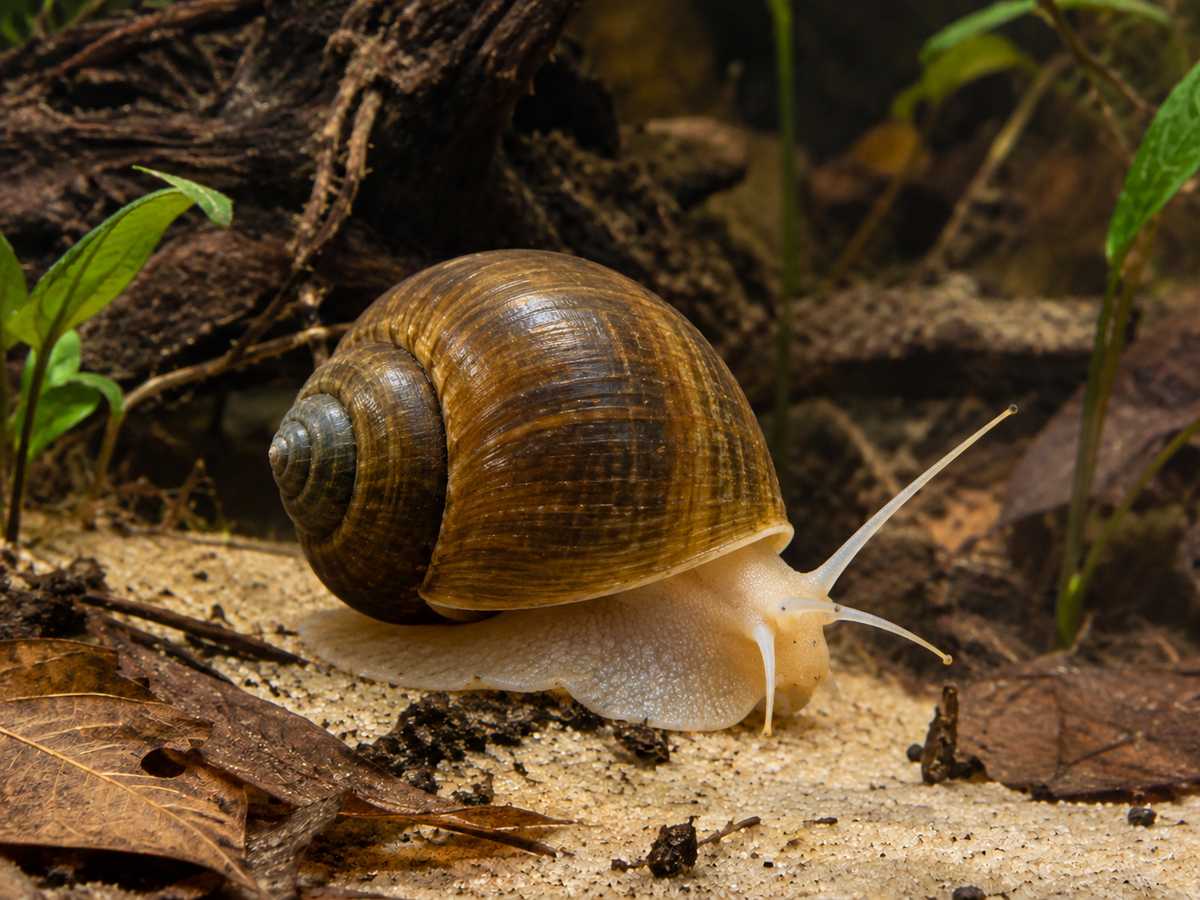 KI-generierte Illustration: Apfelschnecke Pila wernei – kein echtes Tierfoto